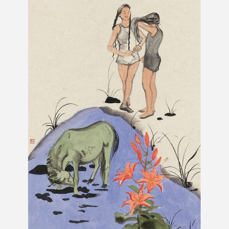 Two Girls and Bull Painting Wall Decor Art Living Room