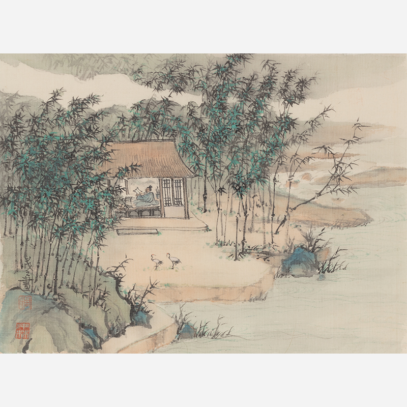 Serene Cottage by the Bamboo Lake - 10.24 x 9.06" - Sigurai