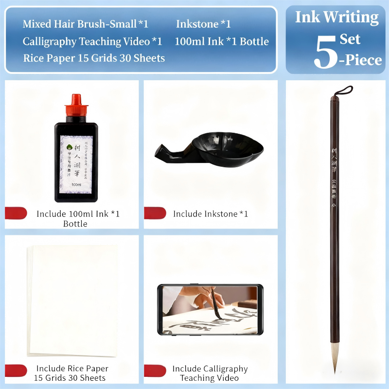 8-Piece Brush Set for Beginners and Enthusiasts, Calligraphy Practice Kit, Includes Brush, Ink, Paper, Inkstone, Suitable for Adults and Students, Water Writing Cloth, Ink