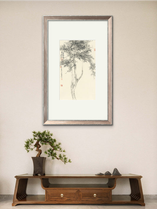 Traditional framed Chinese Ink Painting of Pine Trees - Study Wall Art, Painted with Traditional Craftsmanship - Sigurai