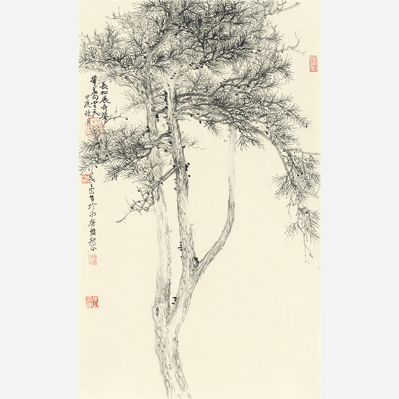 Chinese Ink Painting of Pine Trees , Classic Living Room Wall Art, Vibrant Mural - Sigurai