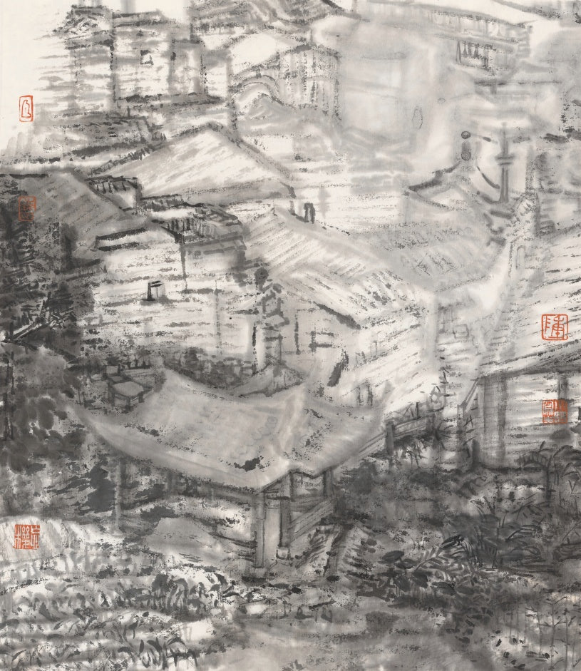 Framed Ink and Fine Brush Painting of Ancient Town Architecture in Southern China