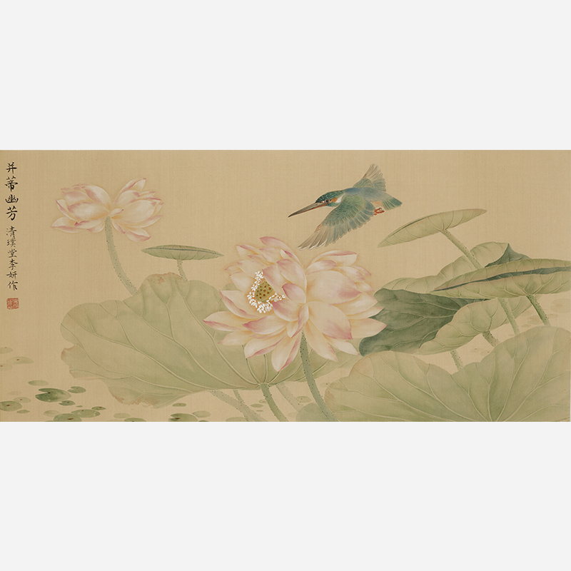 large, classically hand-painted ink painting, pink-white lotus flowers