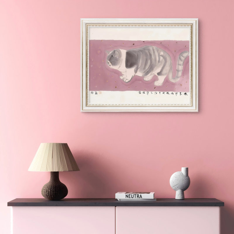 Modern romantic pink wall with gray-blue cat art.