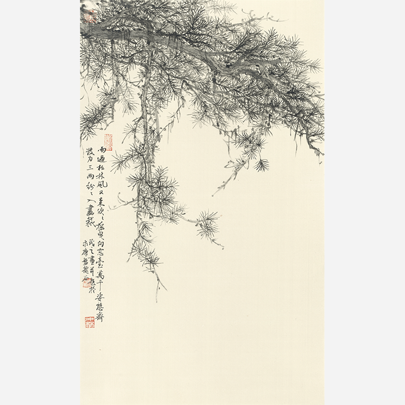 Chinese ink painting of pine trees, an elegant hallway wall painting with handmade ink artwork - Sigurai