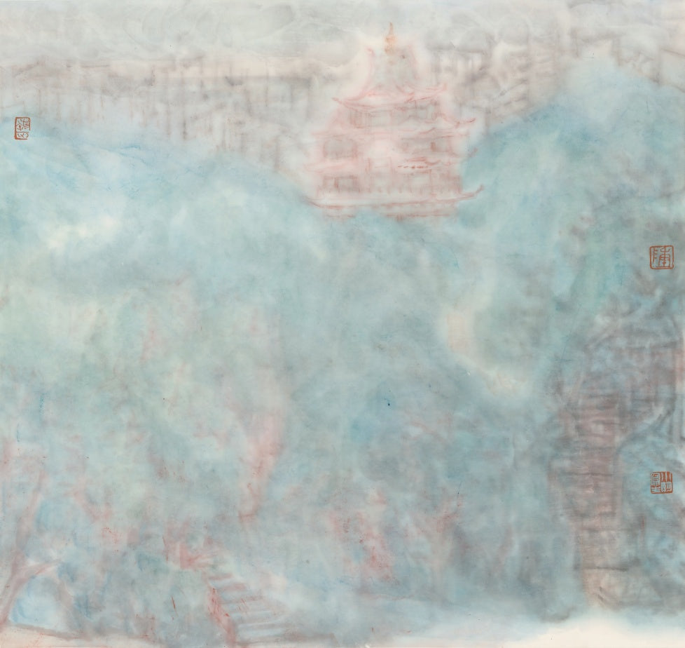 Blue-green dreamy impressionist Chinese temple decorative painting living room bedroom