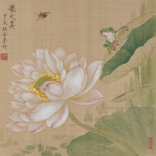 chinese brush painting lotus flower and frog