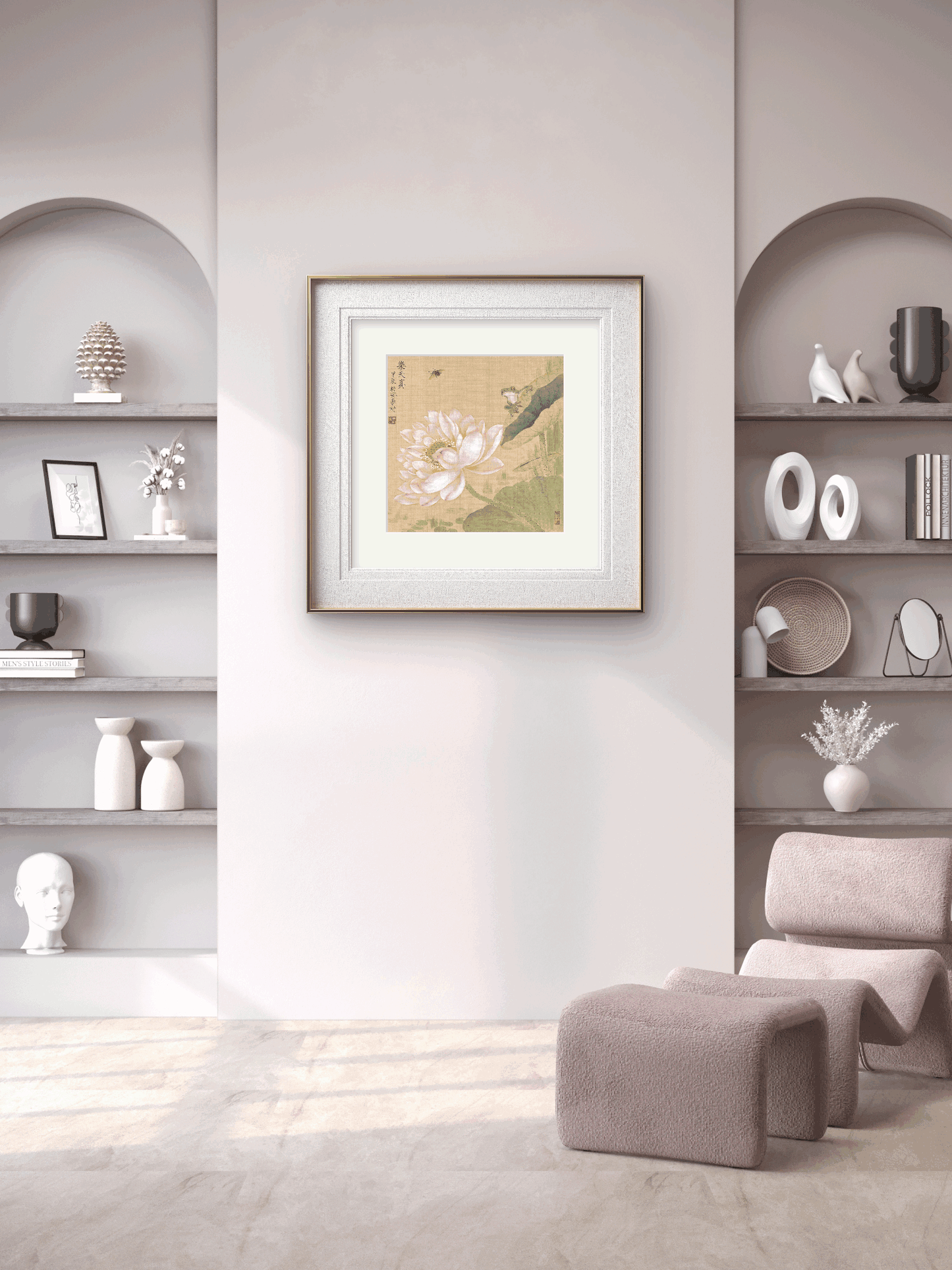 framed chinese brush painting lotus flower and frog