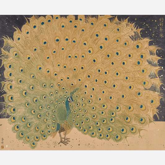 Contemporary Green Peacock Spreading its Tail: Ink Splashing on Rice Paper, Freehand Painting by Qi Baishi's Heir