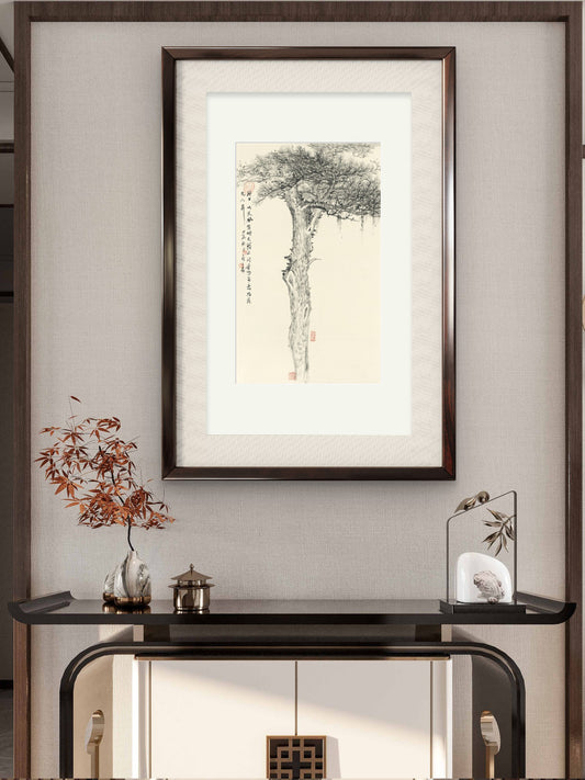 Traditional framed ink painting of pine trees, a classic study wall painting with a rich, ink-rich aesthetic - Sigurai