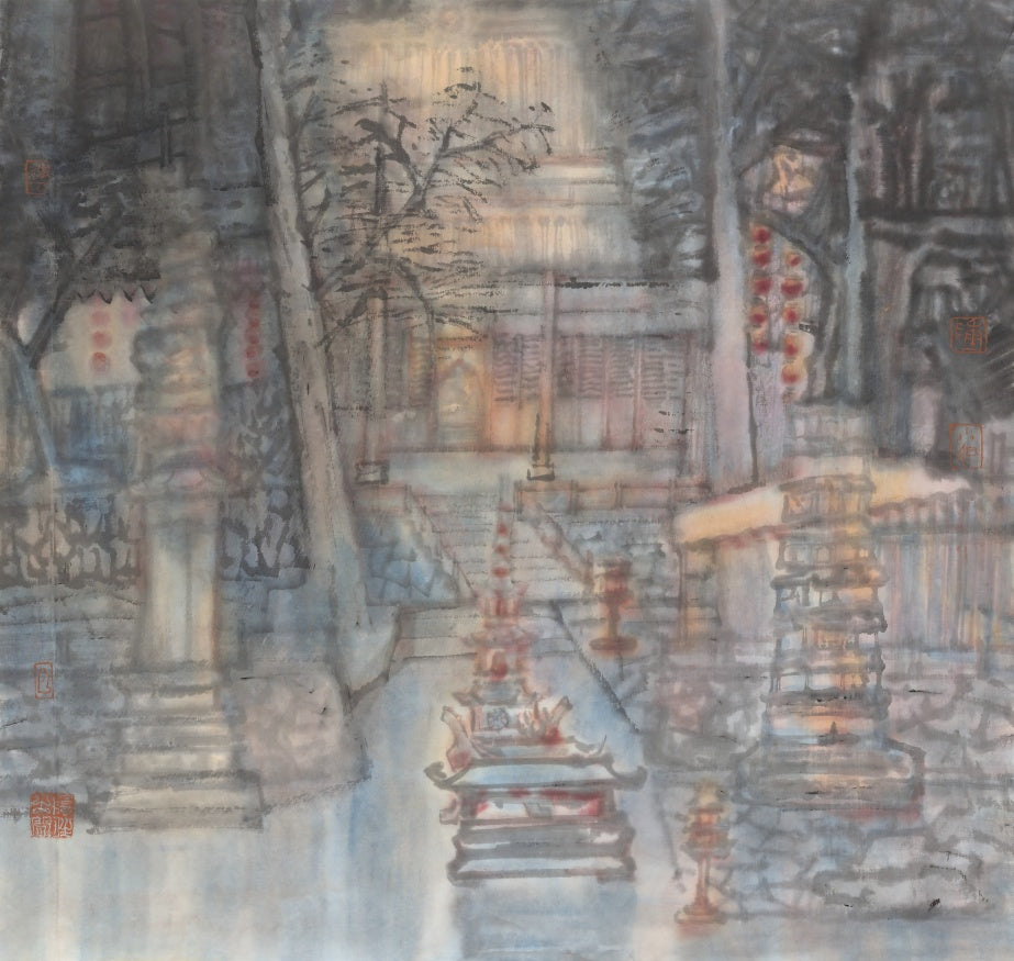 Oriental Chinese ancient architecture hand-painted original painting, green, lavender