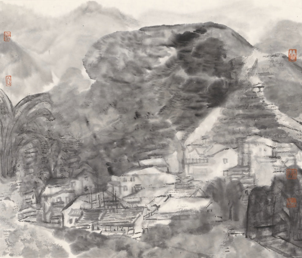 Framed landscape painting decoration on the building of Longjing Village, West Lake, Hangzhou, China