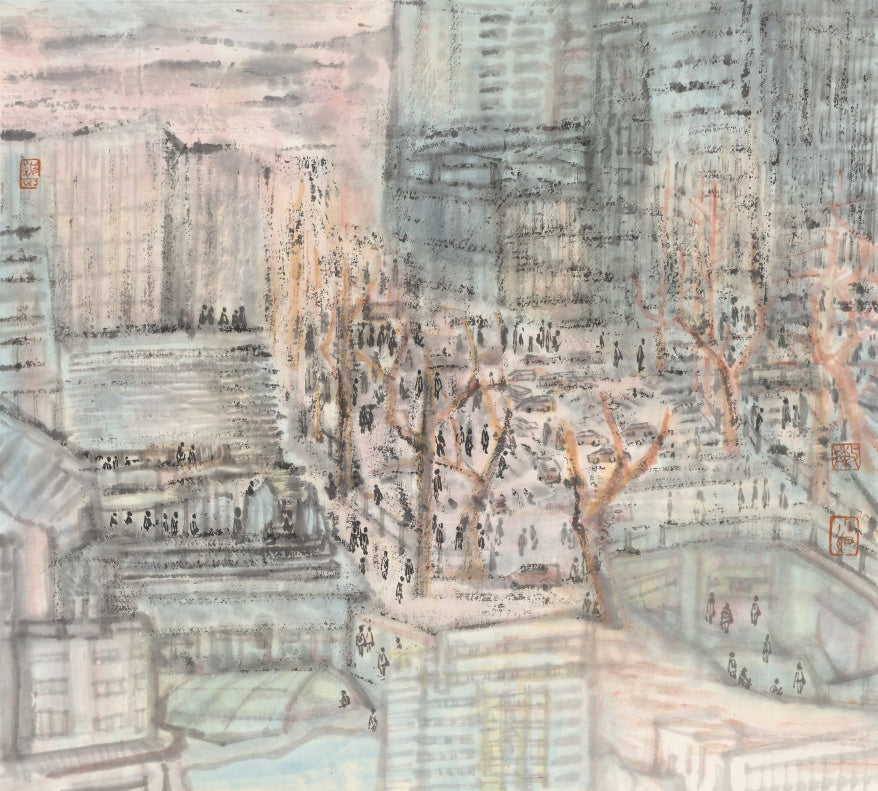 Oriental China Hangzhou Longxiang Bridge architectural figures lavender, green impressionist artwork