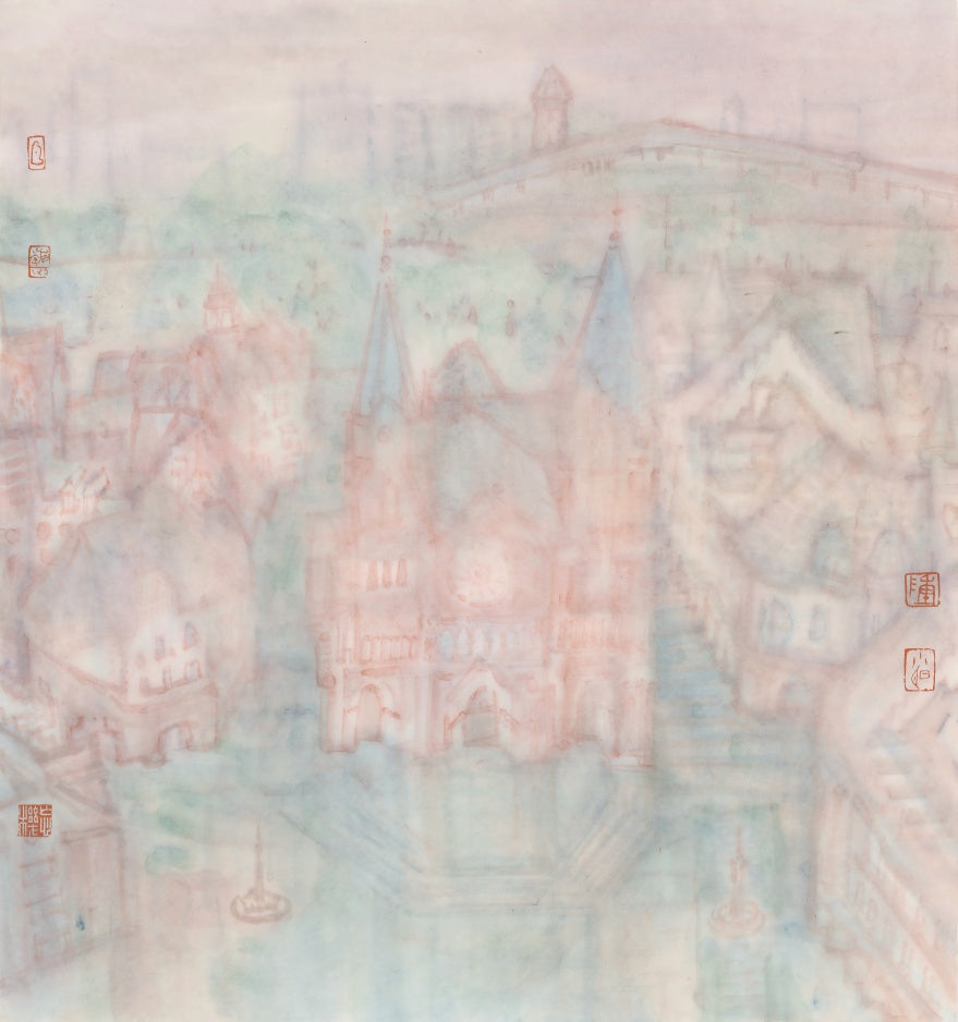 "Lucerne Town" - 45 x 48cm, framed. This is an original ink and color painting on paper by Chen Xiaoming. This painting is executed using ink on canvas.