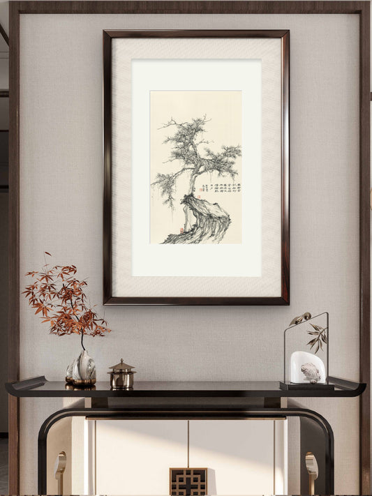 Traditional framed Chinese Ink Painting of Pine Trees - Elegant Bedroom Wall Art, Oriental Charm - Sigurai