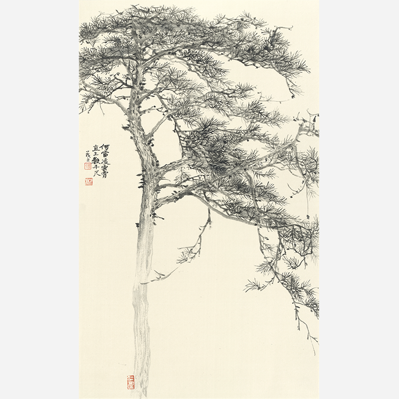 Chinese ink painting of pine trees, a grand living room wall painting with rich, layered ink tones - Sigurai
