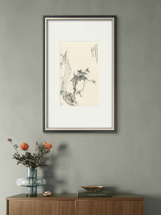 Chinese framed ink painting of pine trees, a hallway wall art with a vigorous pine theme - Sigurai