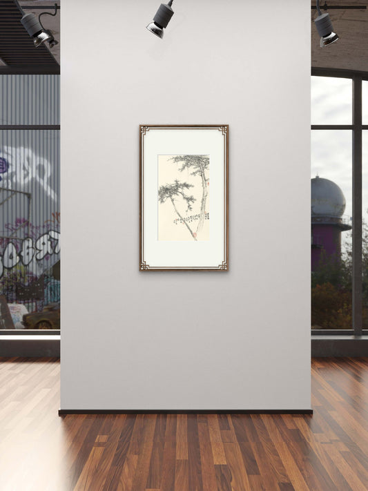 framed Chinese ink painting of pine trees for entryway wall decoration: hand-painted and textured - Sigurai