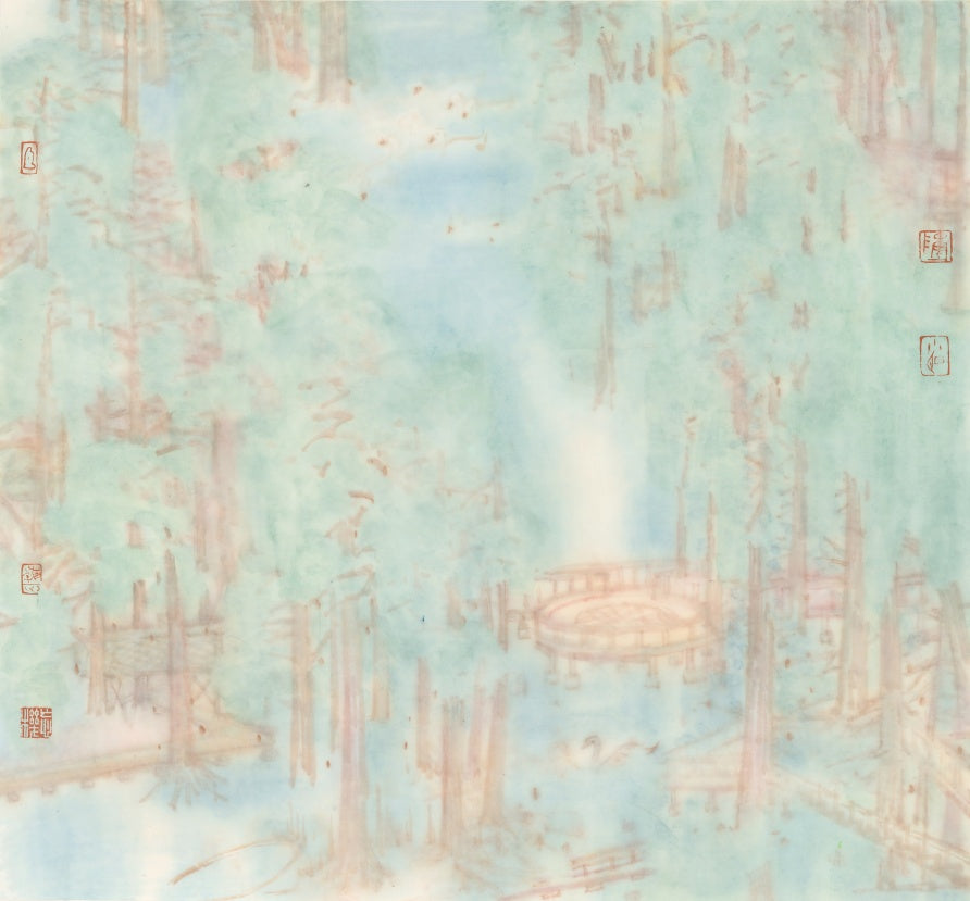 An original handmade ink and color painting on paper by artist Chen Xiaoming. A soft, impressionistic mountain stream landscape in muted tones. This painting evokes calm and tranquility, perfect for a relaxing space.