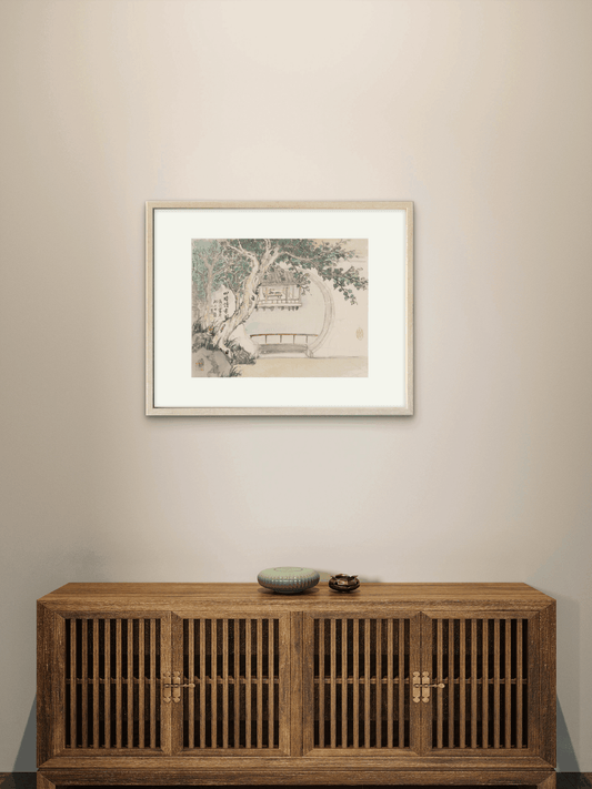 Serene Chinese Garden View Through a Moon Gate - 12.99 x 12.6" - Sigurai