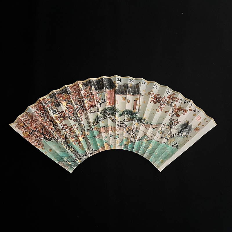 Chinese Garden Pattern Xuan Paper Handheld Folding Hand Fan on Sale