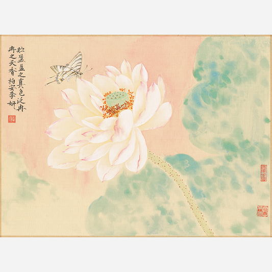 Asian classical color ink painting of white lotus