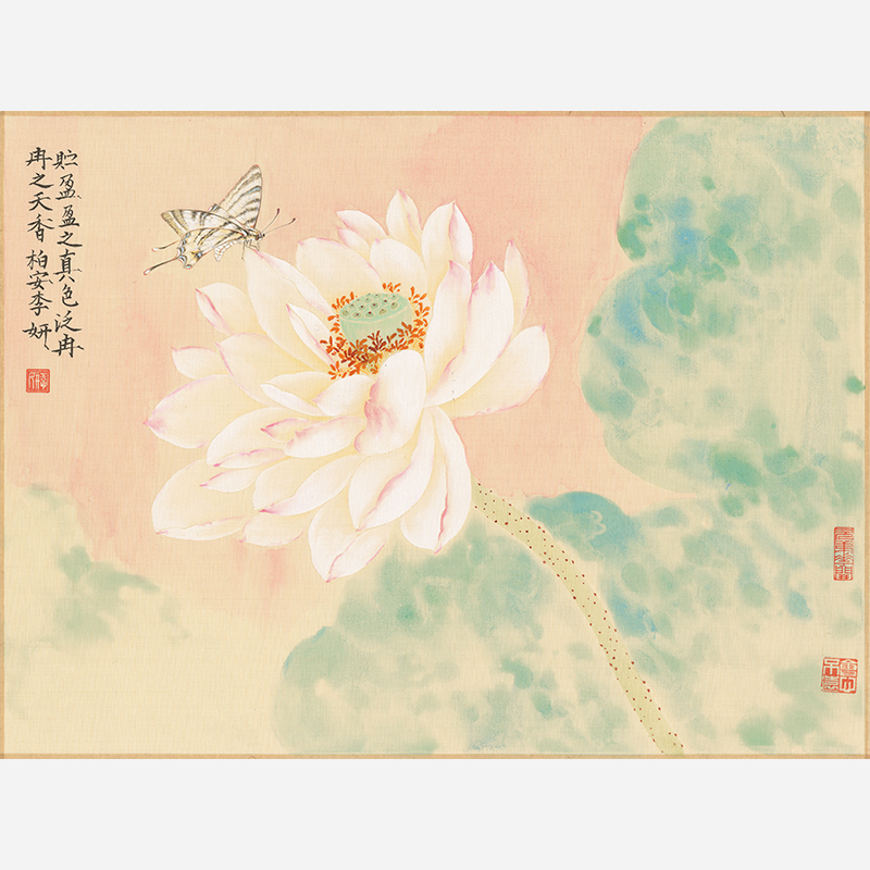 Asian classical color ink painting of white lotus