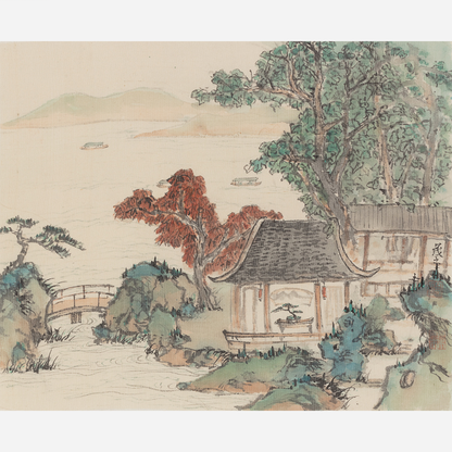 Autumn Pavilion by the Tranquil Lake - 10.24 x 9.06" - Sigurai