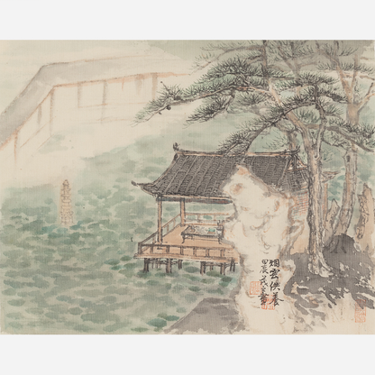 Serene Pavilion by the Tranquil Lake - 10.24 x 9.06" - Sigurai