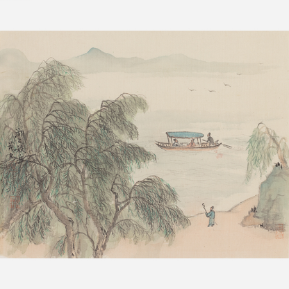 Serene River Scene with Willow Trees - 12.99 x 12.6" - Sigurai