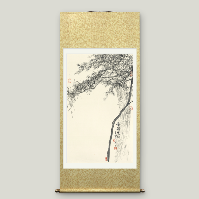 Large-sized Asian-themed pine tree scroll wall hanging to cover electricity meter box