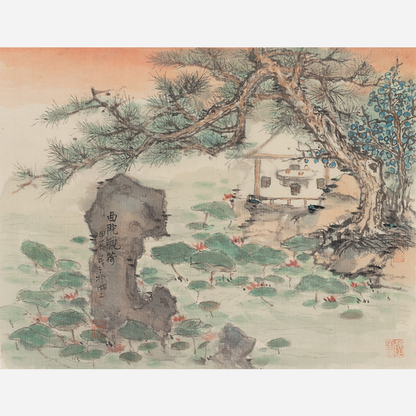 Wise Figure by the Serene Lake: Tranquil Reflections - 10.24 x 9.06" - Sigurai