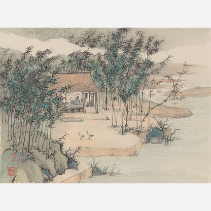 Serene Cottage by the Bamboo Lake - 10.24 x 9.06" - Sigurai