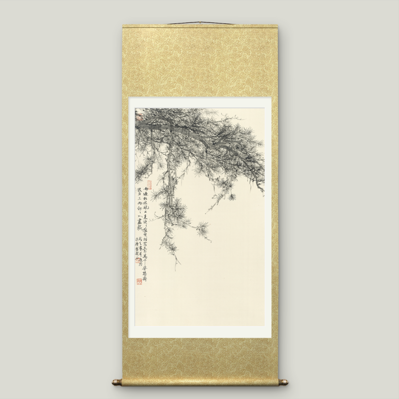 Large-sized Asian-themed pine tree scroll wall hanging to cover electricity meter box