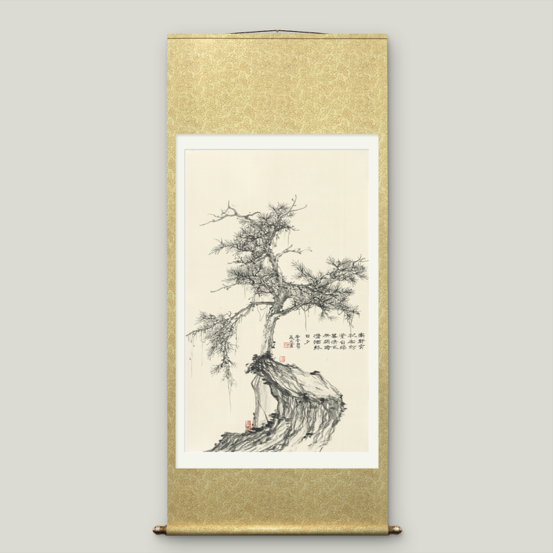 Large-sized Asian-themed pine tree scroll wall hanging to cover electricity meter box