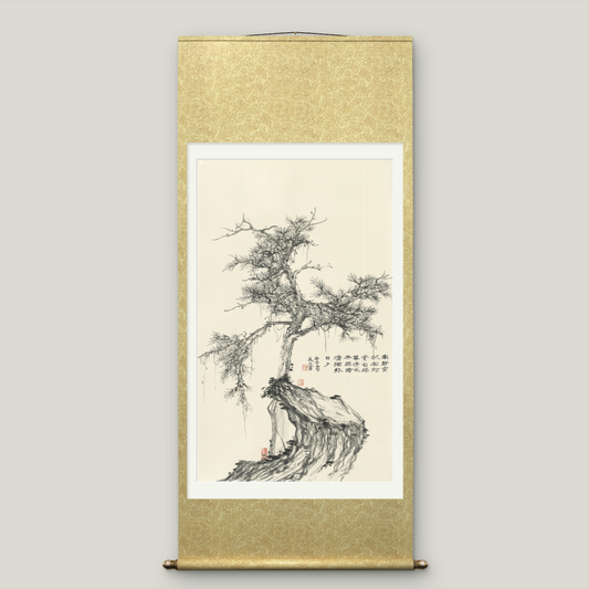 Large-sized Asian-themed pine tree scroll wall hanging to cover electricity meter box