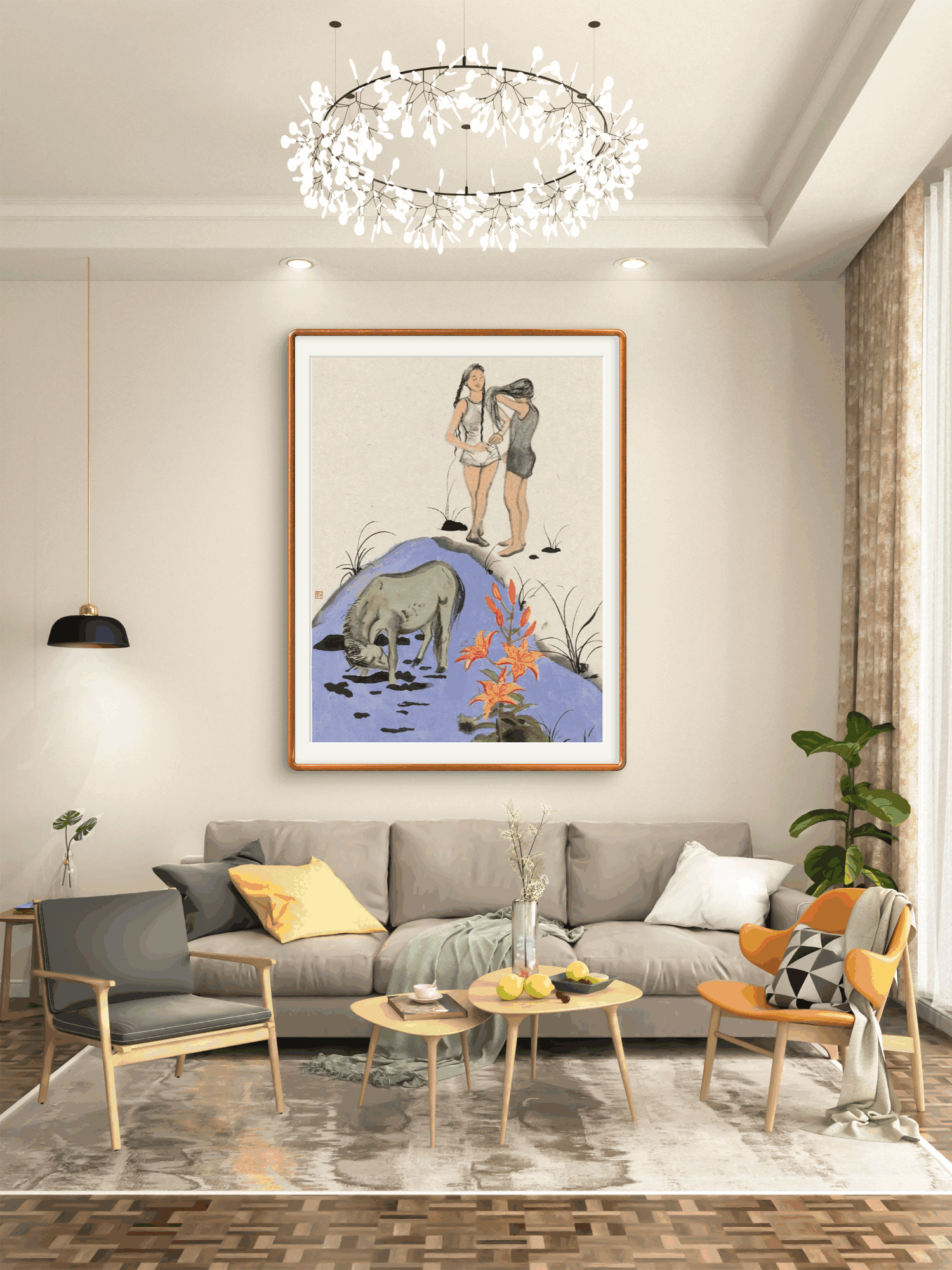 Two Girls and Bull Painting Wall Decor Art  Living Room