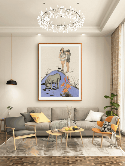 Two Girls and Bull Painting Wall Decor Art  Living Room