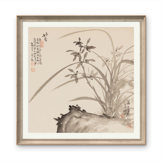 Small-sized orchid landscape painting with an Oriental/Asian theme