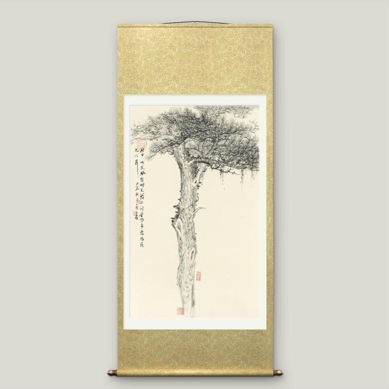 Large-sized Asian-themed pine tree scroll wall hanging to cover electricity meter box