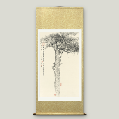Large-sized Asian-themed pine tree scroll wall hanging to cover electricity meter box