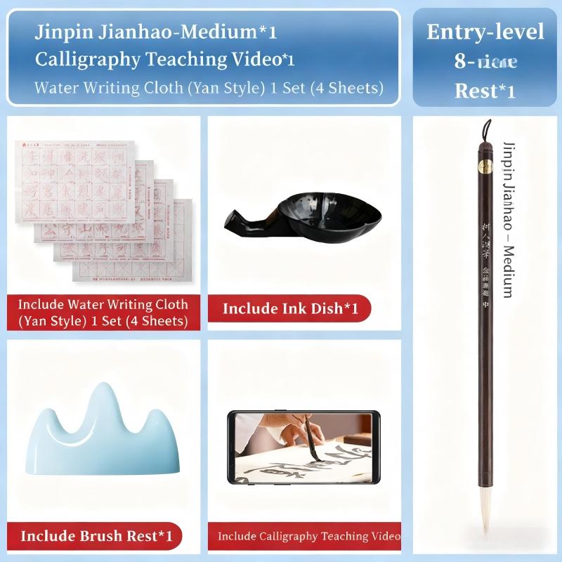 8-Piece Brush Set for Beginners and Enthusiasts, Calligraphy Practice Kit, Includes Brush, Ink, Paper, Inkstone, Suitable for Adults and Students, Water Writing Cloth, Ink