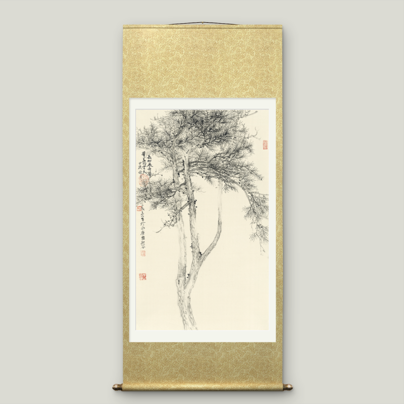 Large-sized Asian-themed pine tree scroll wall hanging to cover electricity meter box