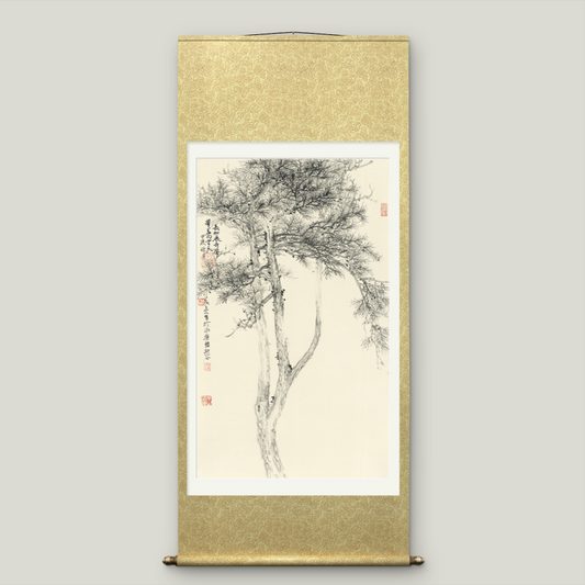 Large-sized Asian-themed pine tree scroll wall hanging to cover electricity meter box