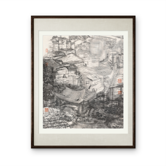 Framed Ink and Fine Brush Painting of Ancient Town Architecture in Southern China