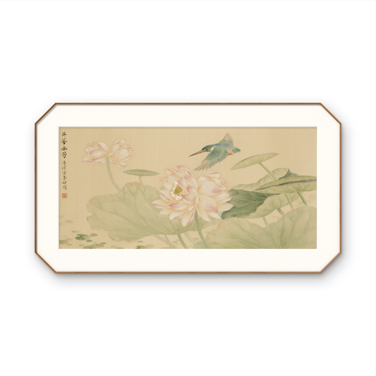 large, classically hand-painted ink painting, pink-white lotus flowers with framed