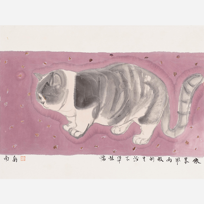 Pink background black and white cat art wall painting