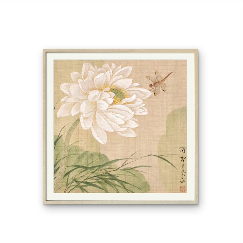 Chinese brush square painting lotus with framed