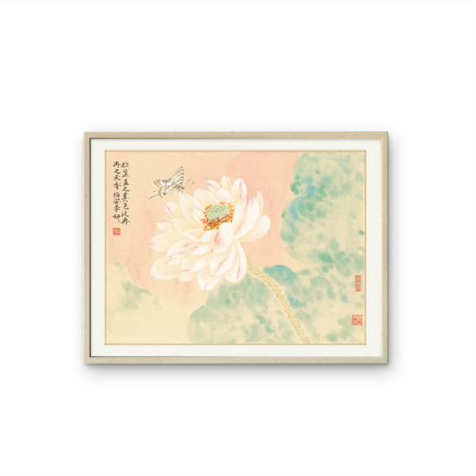 Asian classical color ink painting of white lotus