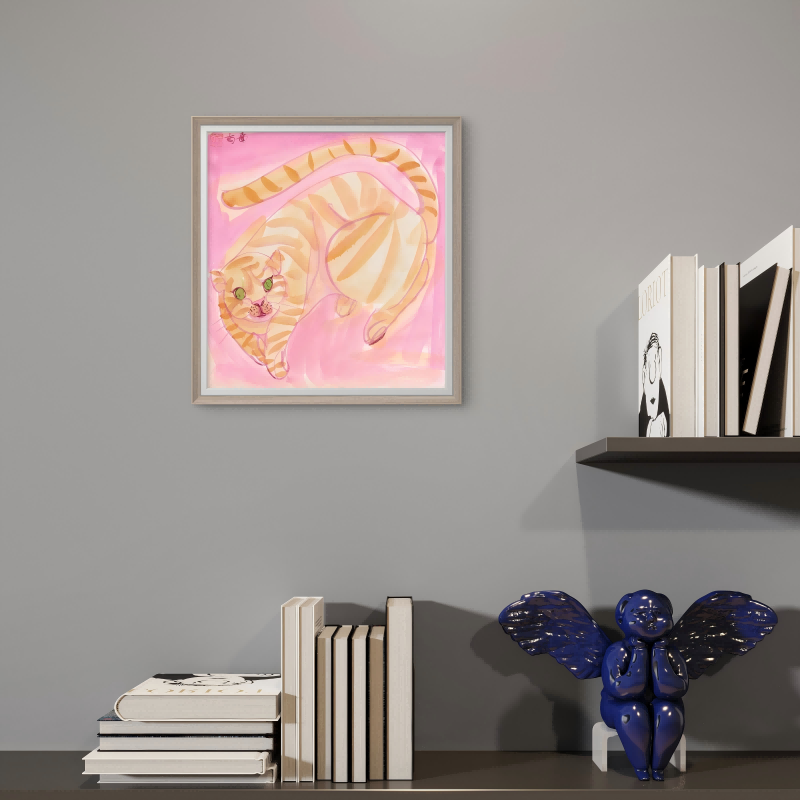 Modern Orange Cat Artwork for Gray Wall Decor